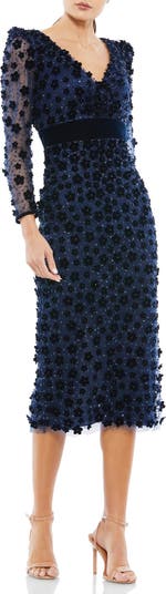 Mac Duggal Beaded Floral Appliqué Long Sleeve Tulle Sheath Dress