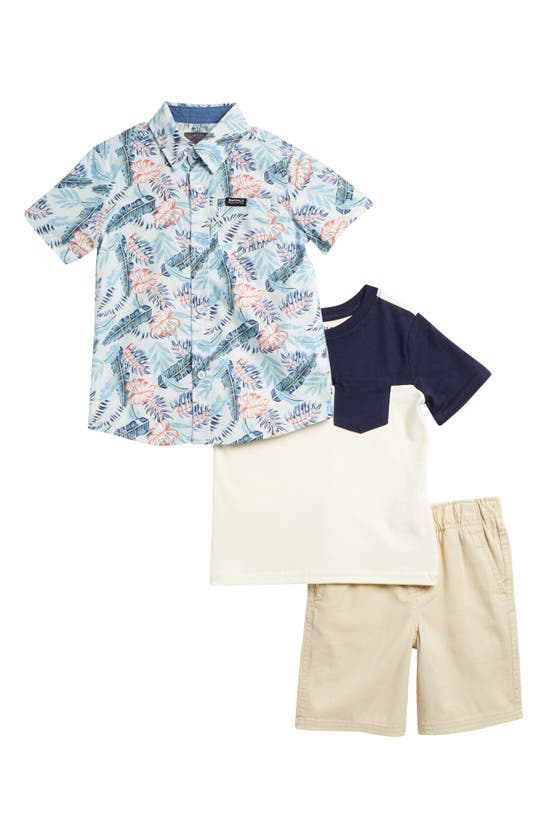 Shop Buffalo Kids' Tropical Button-up Shirt, Pocket T-shirt & Shorts Set In Stone
