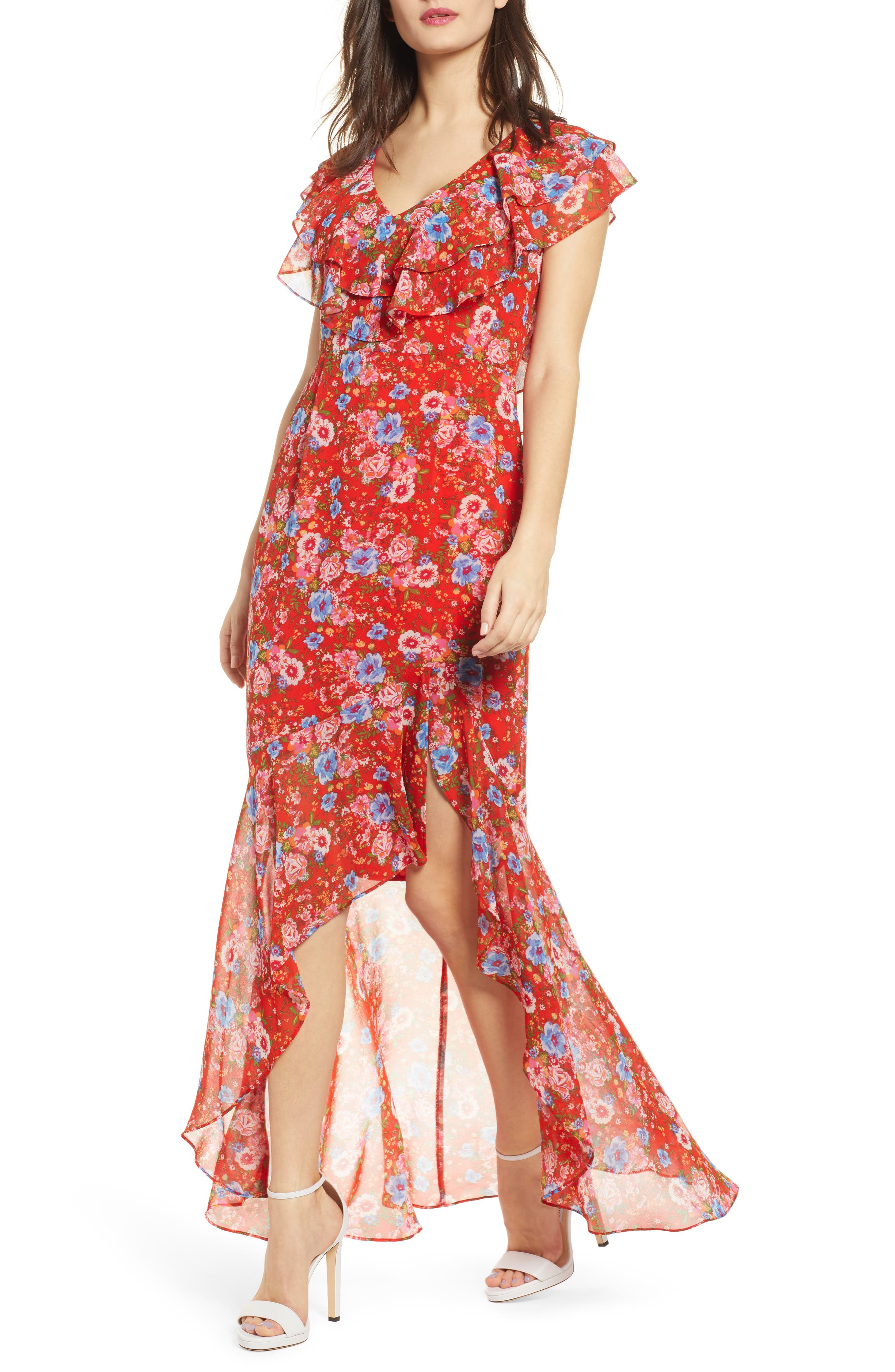 Wayf Levani Floral Print High/low Dress, Red
