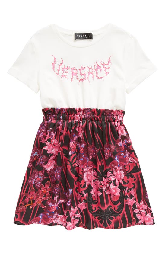 Versace Kids' Logo Print Cotton Poplin Midi Dress In White/pink