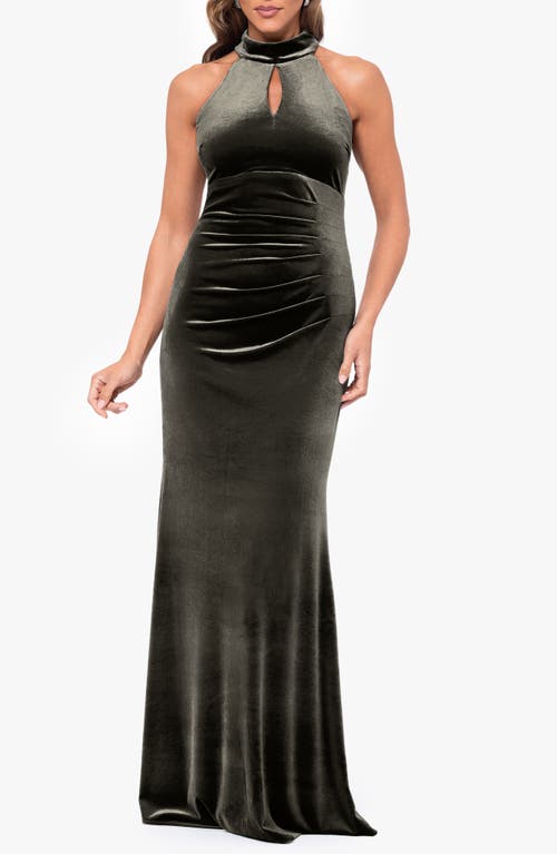 Xscape Evenings Keyhole Neck Velvet Sheath Gown In Moss