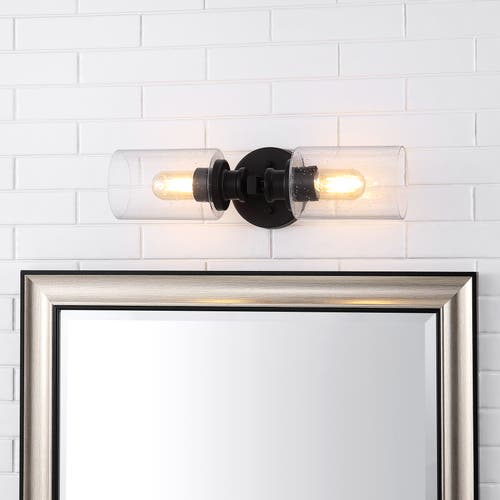 Jonathan Y Jules Cylinder 2-light Iron/seeded Glass Farmhouse Contemporary Led Wall Sconce In Black