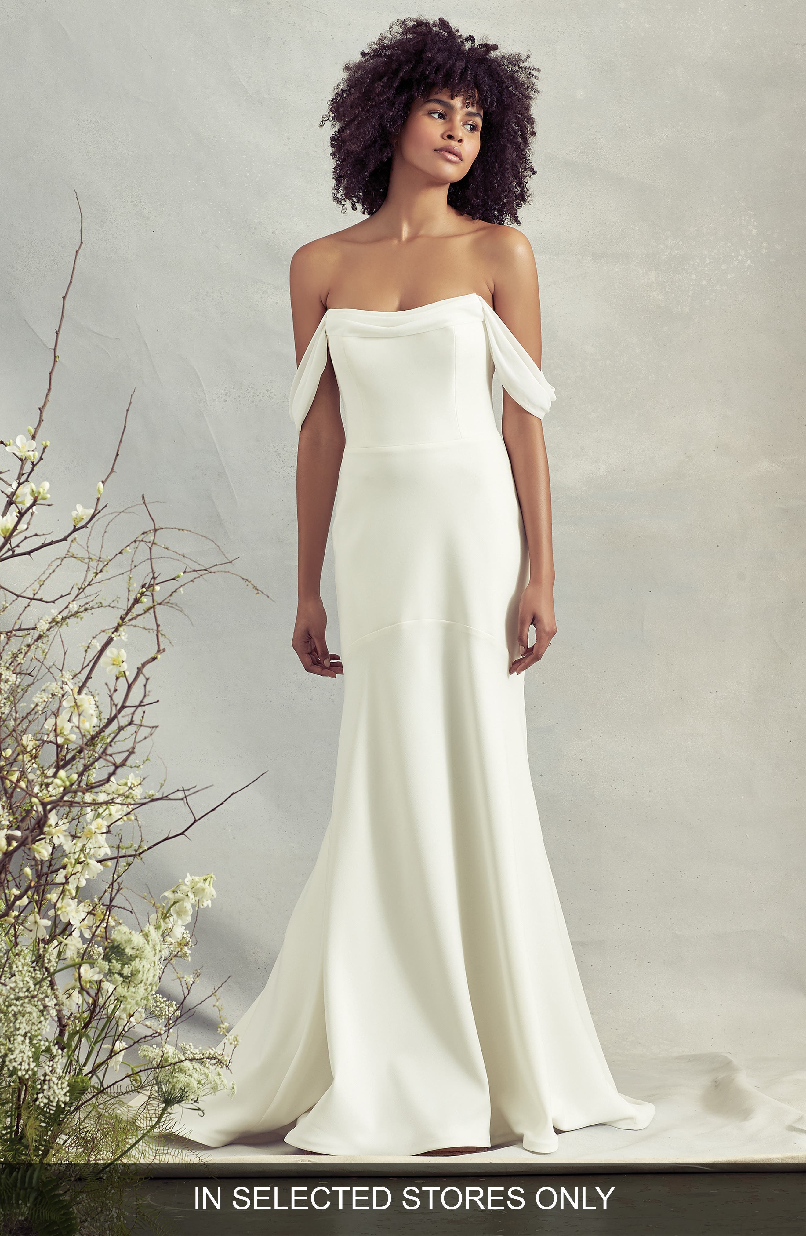 off the shoulder crepe wedding dress