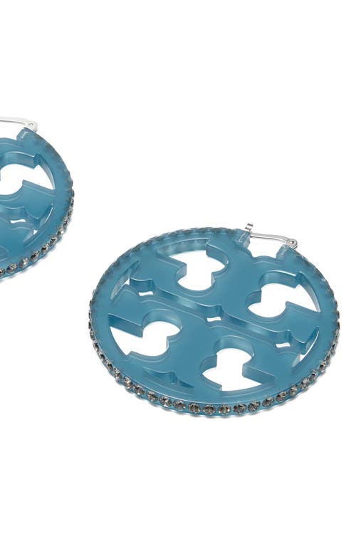 Shop Tory Burch Miller Crystal Resin Hoop Earrings In Tory Silver/transparent Blue