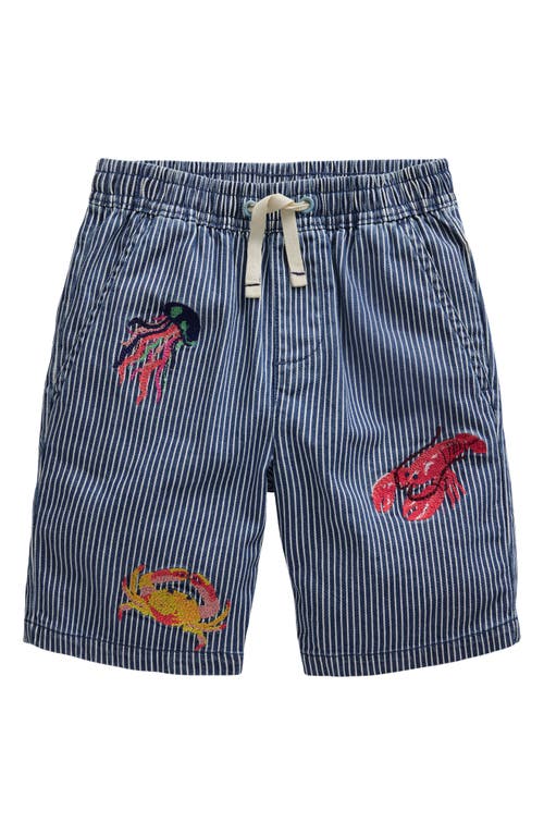 Mini Boden Kids' Stripe Sea Creature Embroidered Cotton Shorts In Blue/ecru Ticking Stripe