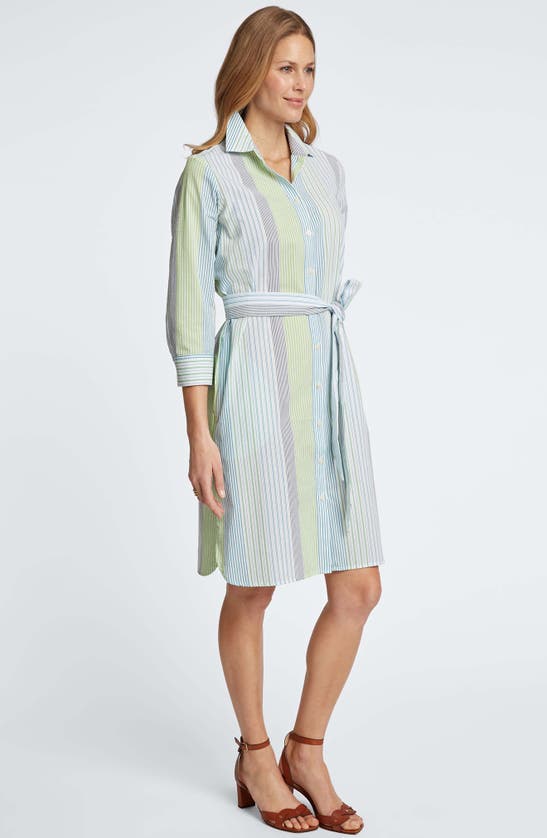 Shop Foxcroft Rocca Stripe Belted Three-quarter Sleeve Shirtdress In Blue Multi