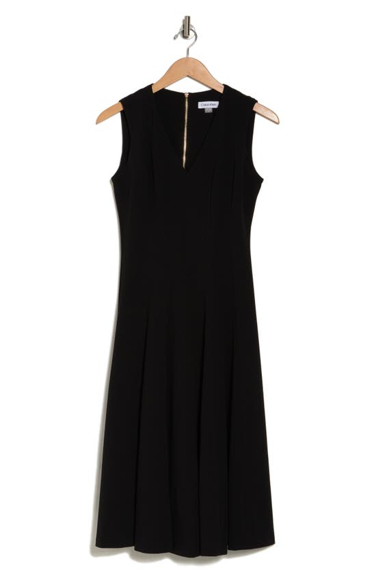 Calvin Klein V-neck Seamed Fit & Flare Midi Dress In Black