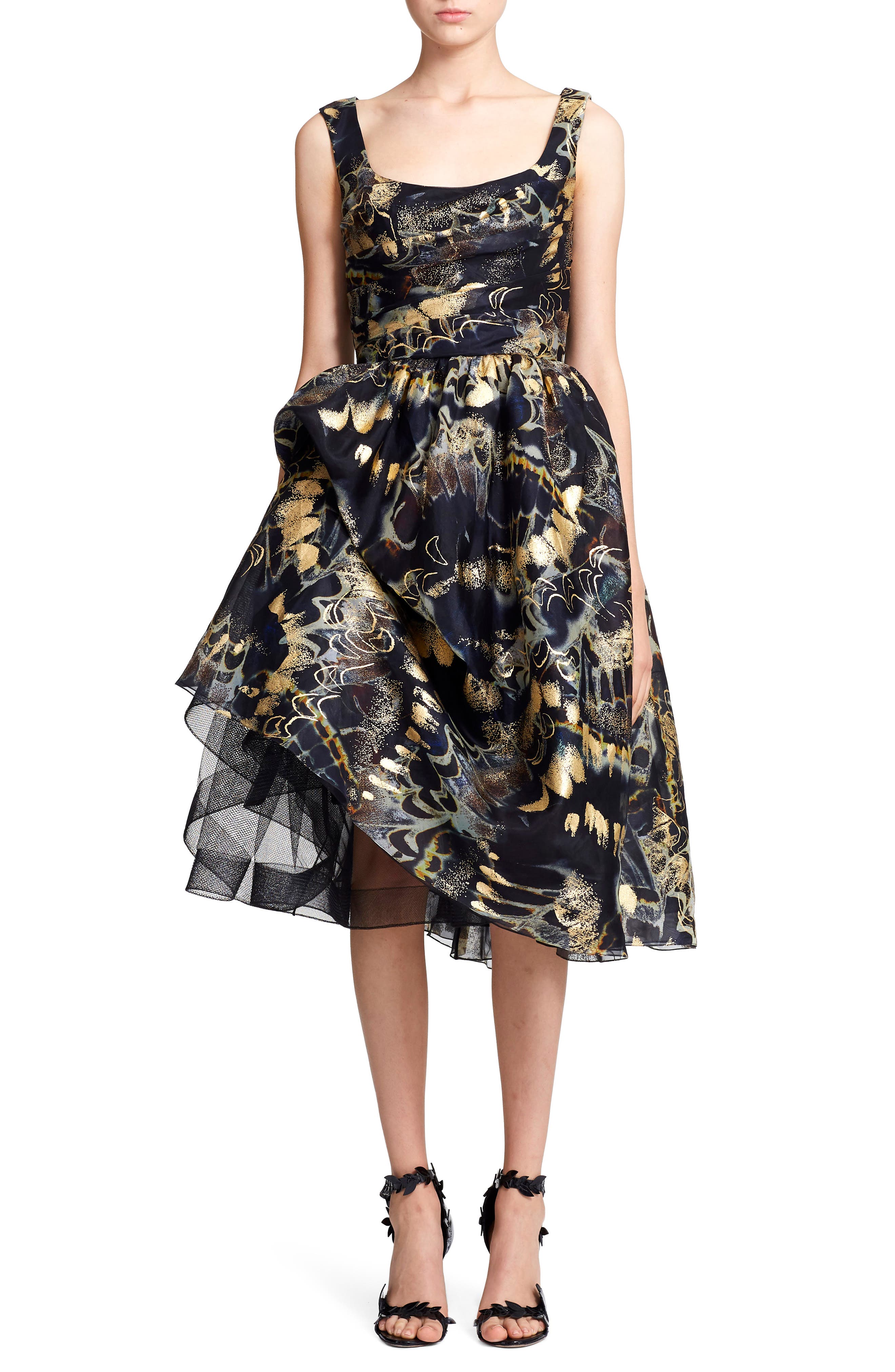 Marchesa Foil Print Bubble Skirt Silk Evening Dress, Metallic