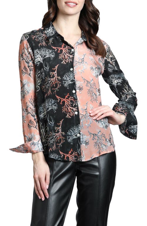 Apny Coral Print Roll Tab Sleeve Chiffon Button-up Shirt In Orange Multi