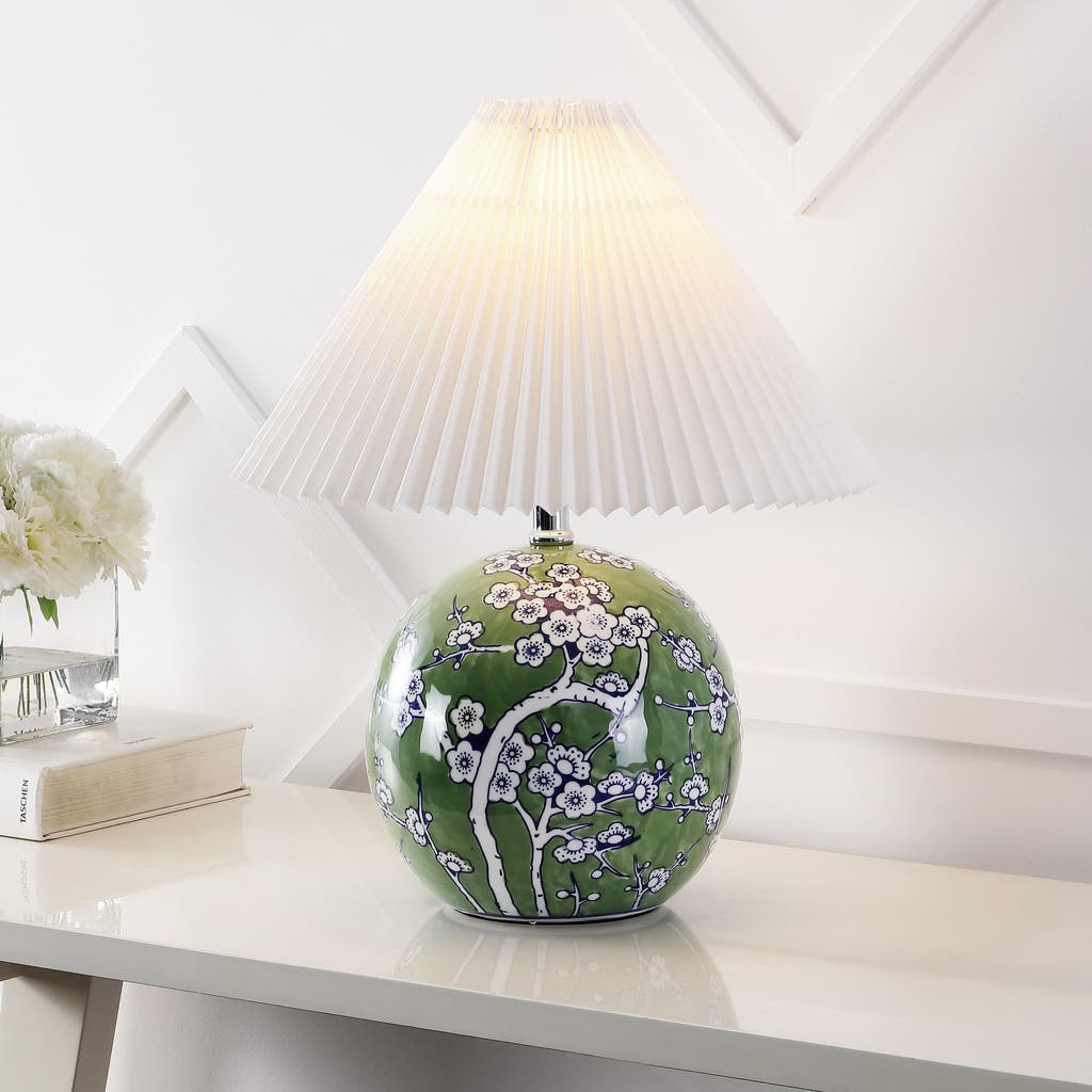 Jonathan Y Shishen Cottage Classic Chinoiserie Ceramic Orb Led Table Lamp With Pleated Shade In Green/white