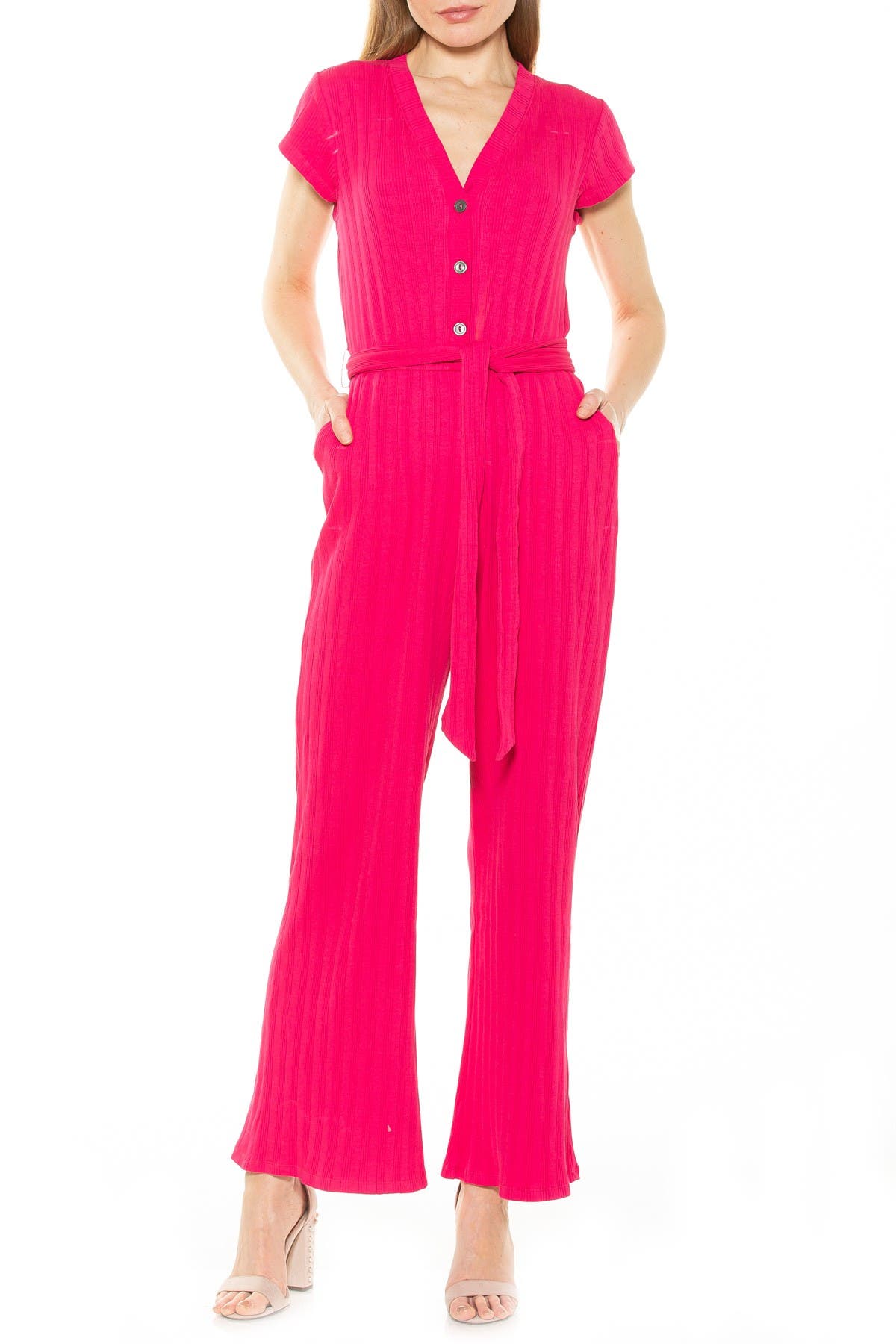 Alexia Admor Ezra Ribbed Button Down Straight Leg Jumpsuit In Hot Pink