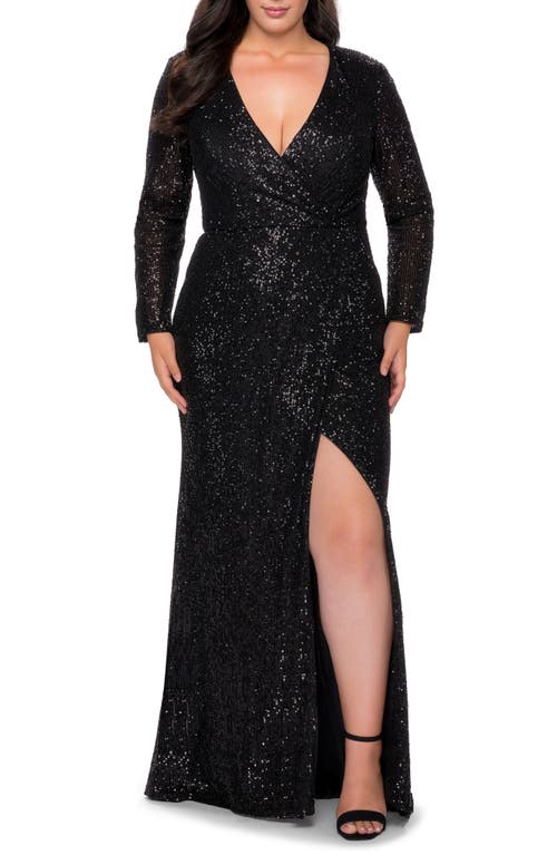 Sequin Long Sleeve Gown in Black