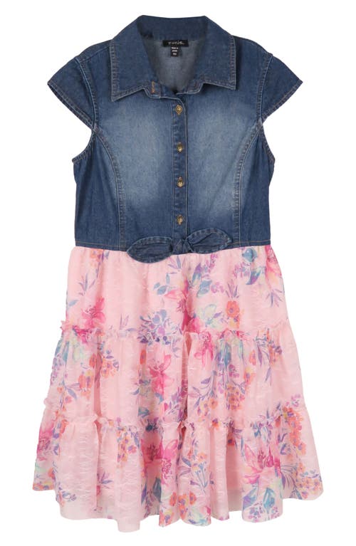 Shop Zunie Kids' Cap Sleeve Denim Dress In Blush/multi