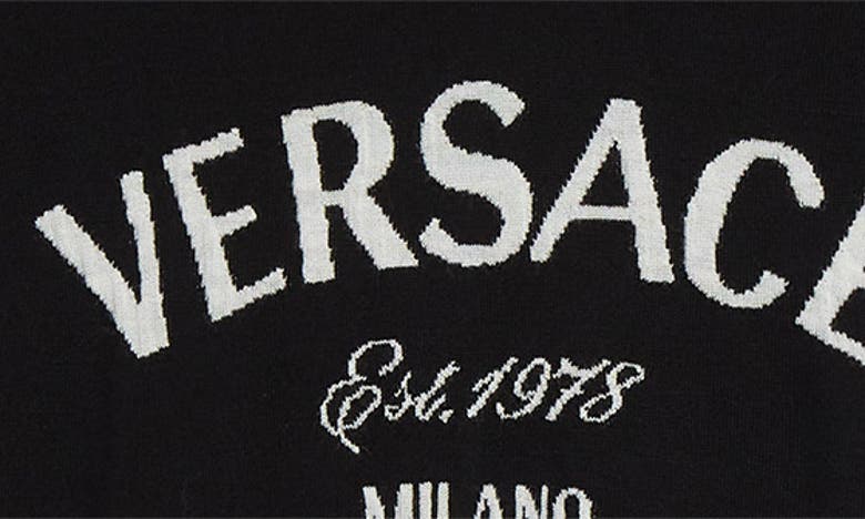Shop Versace Logo Short Sleeve Virgin Wool Sweater In Black