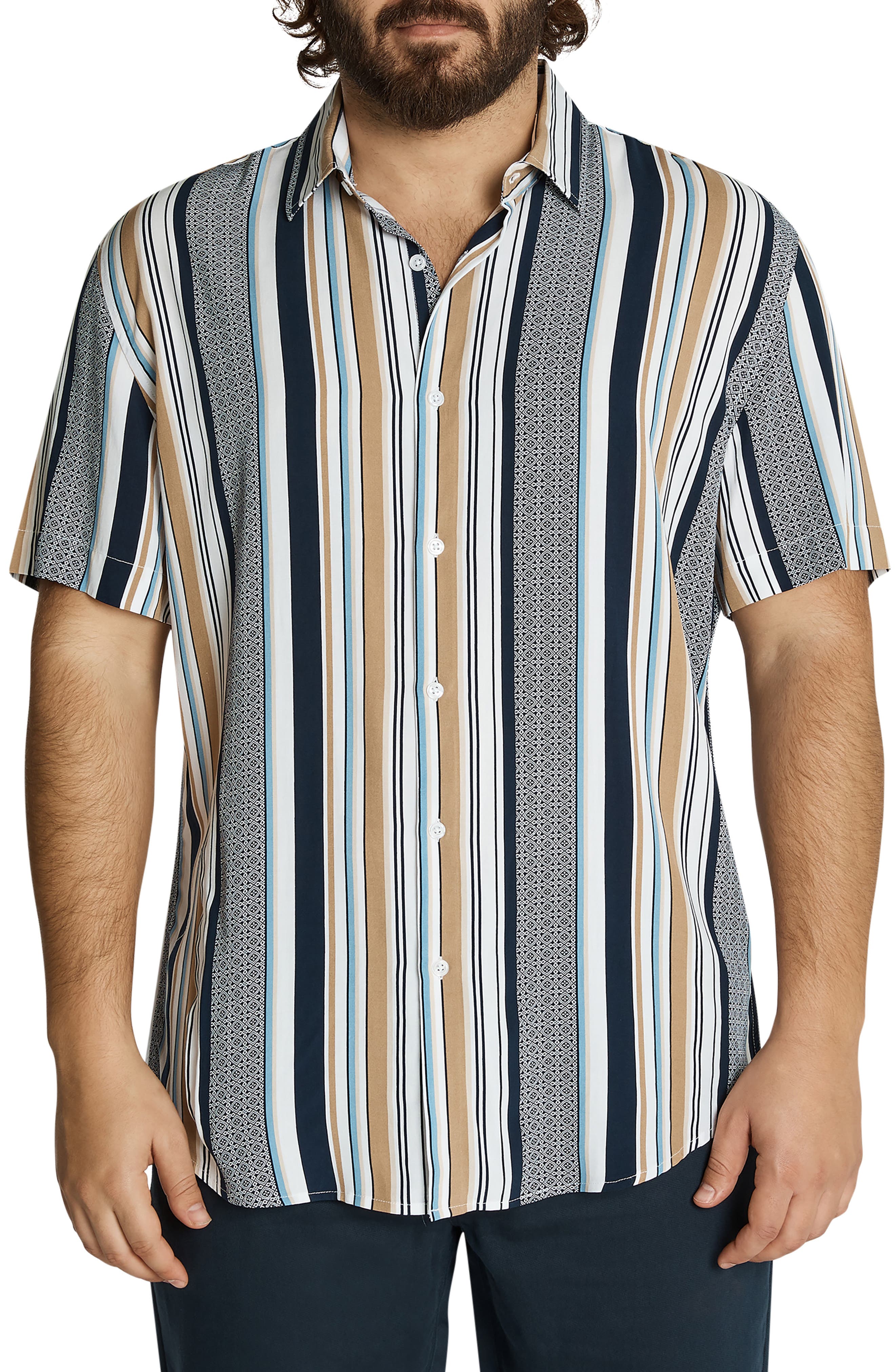 Johnny Bigg Banks Stripe Short Sleeve Button-Up Shirt in Blue
