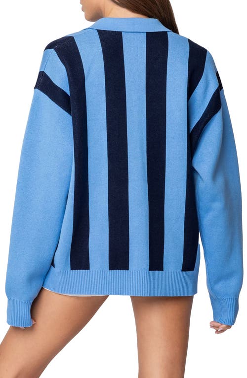 Shop Edikted Larson Stripe Oversize Graphic Polo Sweater In Blue-and-navy