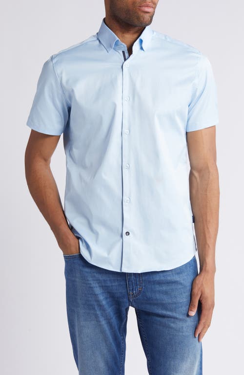 Solid Twill Short Sleeve Performance Button-Up Shirt in Light Blue