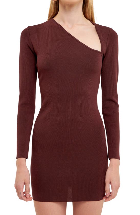 Endless Rose Asymmetric Neck Long Sleeve Knit Top In Brown