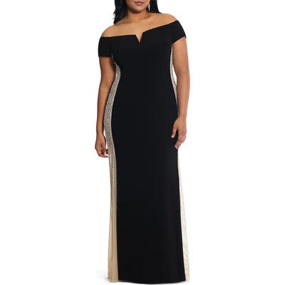 Plus Size Xscape Caviar Bead Off The Shoulder Gown, Black