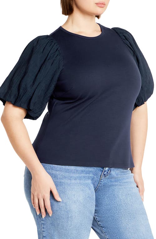 Shop City Chic Kiki Puff Sleeve Mixed Media Top In Navy