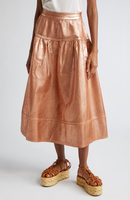 The Astrid Metallic Denim Tiered Skirt in Copper Foiled Wash