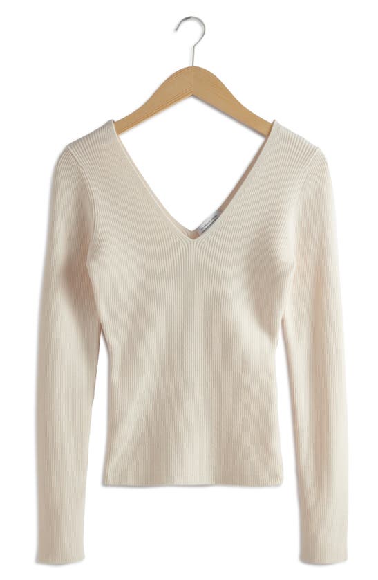 Shop & Other Stories V-neck Rib Wool Blend Sweater In White Dusty Light