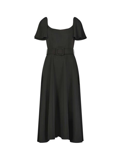 Shop Mac Duggal Crepe Ruffle Sleeve Midi Dress With Belt In Black