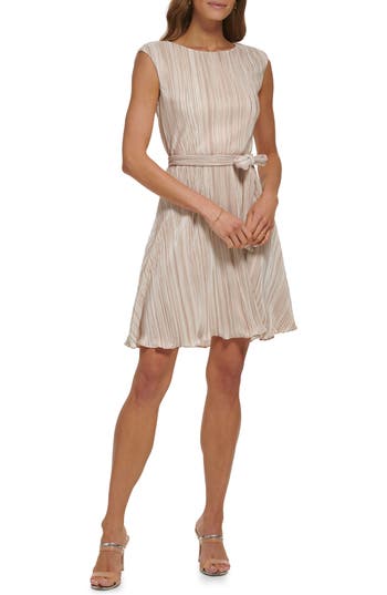 Dkny Pleated Multicolor Cap Sleeve Dress In Cream/gold