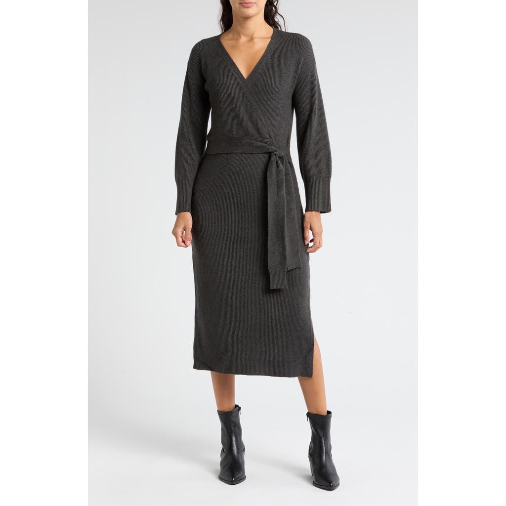 Wayf Long Sleeve Wrap Sweater Dress In Charcoal