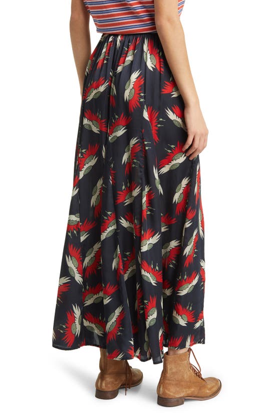 Shop The Great The Godet Floral Satin Maxi Skirt In Navy Birds Of Paradsise Print