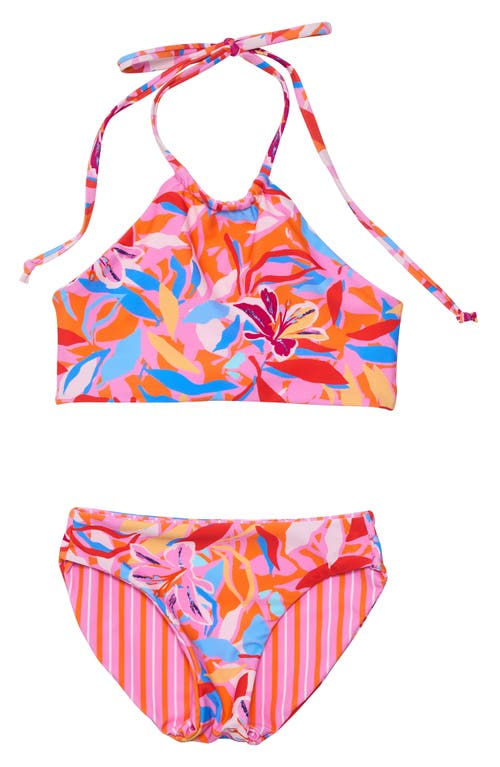 Snapper Rock Kids' Blooming Sunset Reversible Two-Piece Swimsuit in Pink 