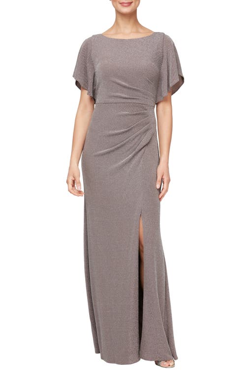 Shimmer Flutter Sleeve Gown in Rich Taupe