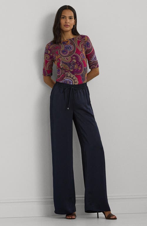 Shop Lauren Ralph Lauren Satin Charmeuse Wide Leg Pants In Lauren Navy