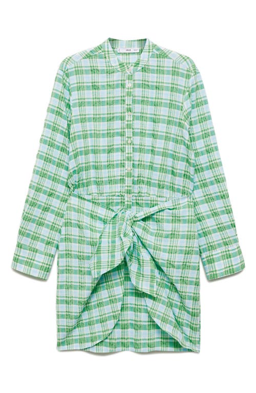 Shop Mango Check Tie Front Long Sleeve Shirtdress In Green