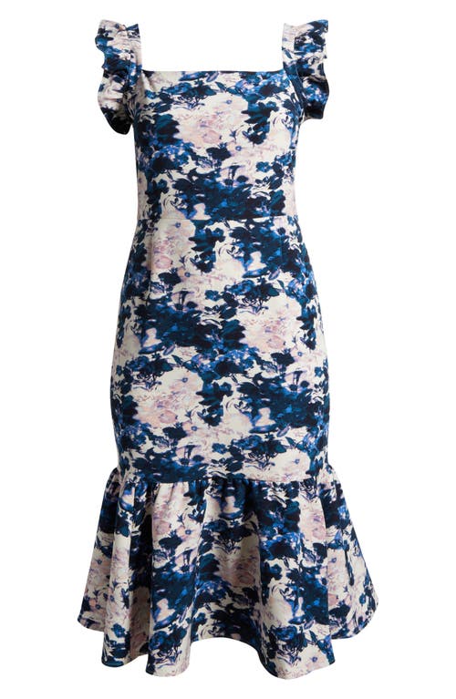 Shop Chelsea28 Print Ruffle Sleeve Midi Dress In Ivory- Navy Abstracted Garden