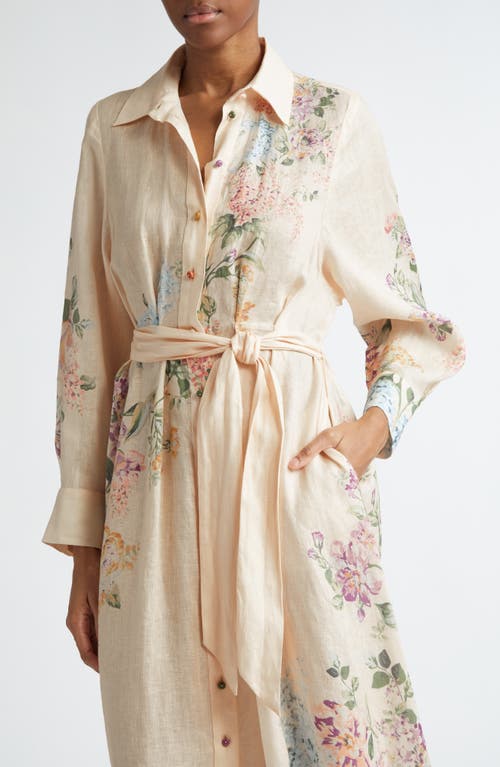 Shop Zimmermann Halliday Floral Long Sleeve Linen Shirtdress In Cream Watercolour Floral