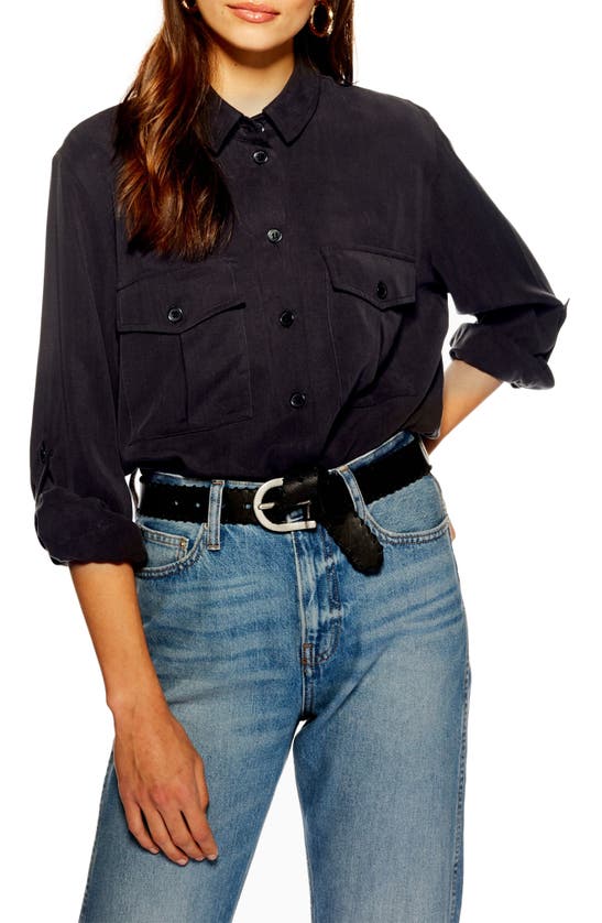 Topshop Double Pocket Utility Shirt In Washed Black