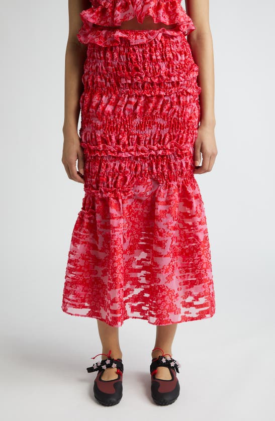 Shop Cecilie Bahnsen Vianca Smocked Fil Coupé Midi Skirt In Magenta / Red