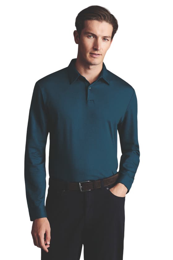 Shop Charles Tyrwhitt Plain Long Sleeve Jersey Polo In Turquoise Blue