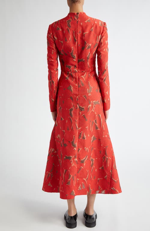 Shop Emilia Wickstead Seneca Burnout Floral Jacquard Long Sleeve Fit & Flare Dress In Red On Beige