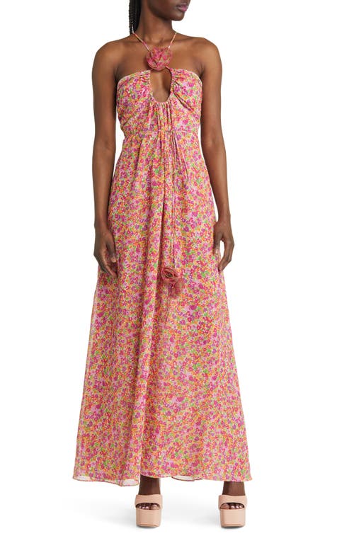 For Love & Lemons Suzette Floral Chiffon Maxi Dress in Pink