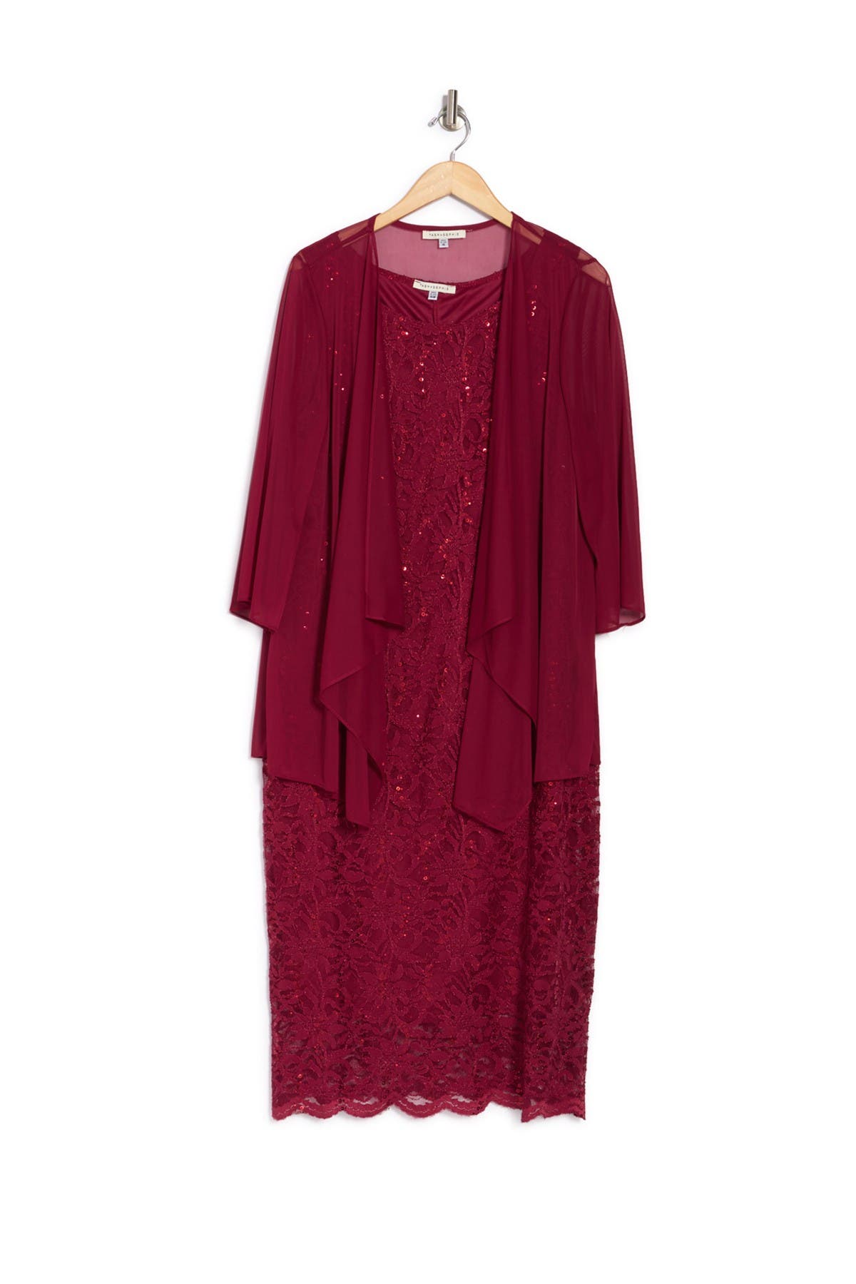 Tash + Sophie Sequin Lace Midi Dress & Mesh Jacket Overlay 2-piece Set In Dark Red3