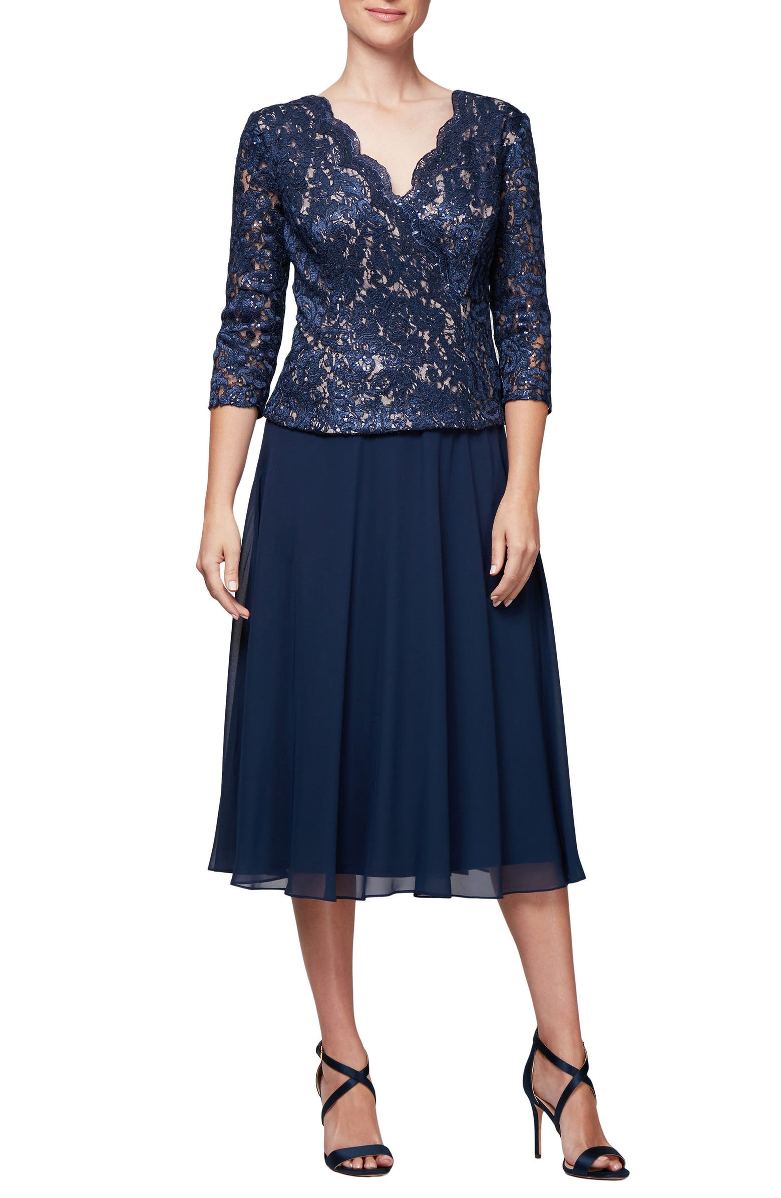 Alex Evenings Lace & Chiffon Tea Length Dress (Regular & Petite ...