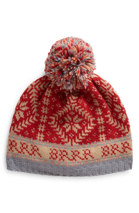 French Knot Nordic Print Pompom Wool Beanie In Red