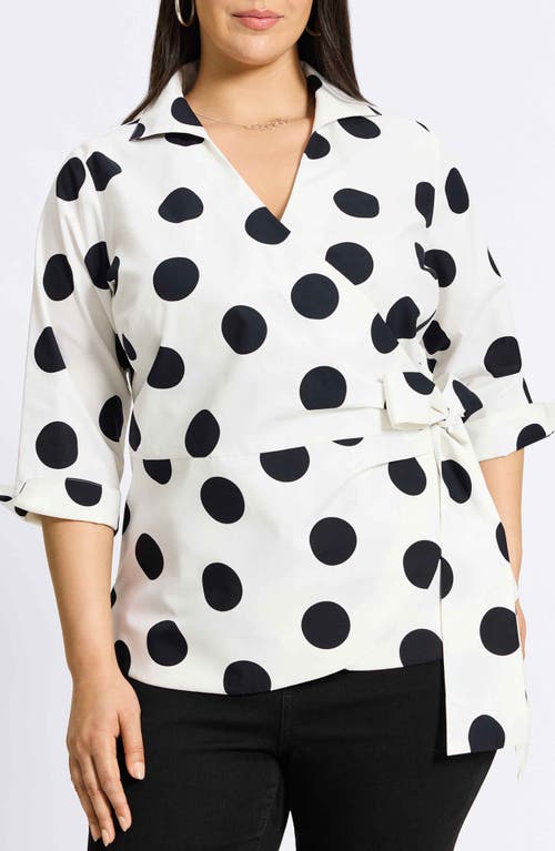 Foxcroft Salina Dot Print Cotton Poplin Wrap Shirt White/Black at Nordstrom
