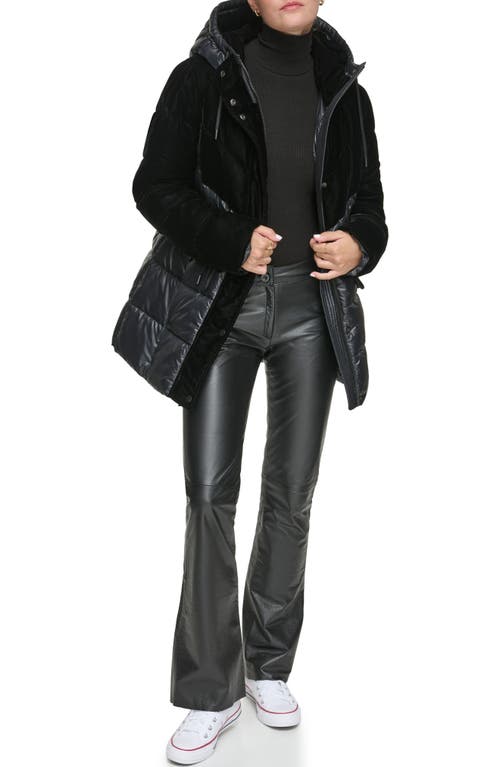 Shop Andrew Marc Velvet Panel Hooded Puffer Jacket In Black