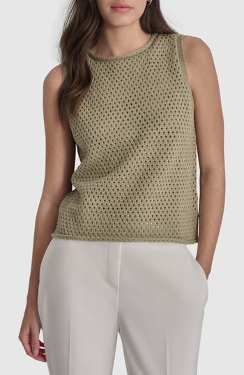 Shop Dkny Open Stitch Sleeveless Cotton Sweater In Light Fatigue