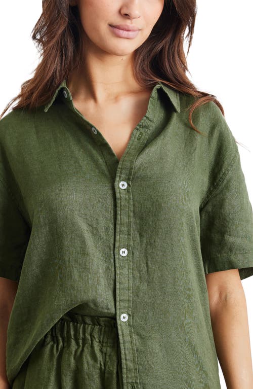 Short Sleeve Linen Button-Up Shirt in Olive