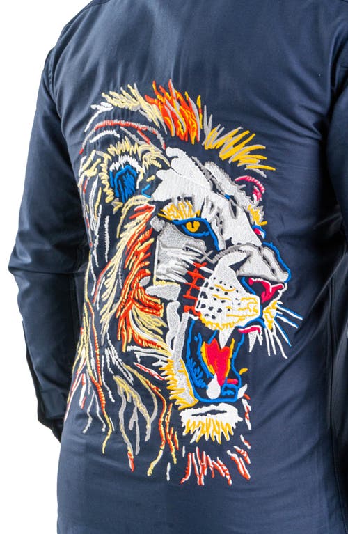 Maceoo Fibonacci Lion Embroidered Contemporary Fit Button-up Shirt In Blue
