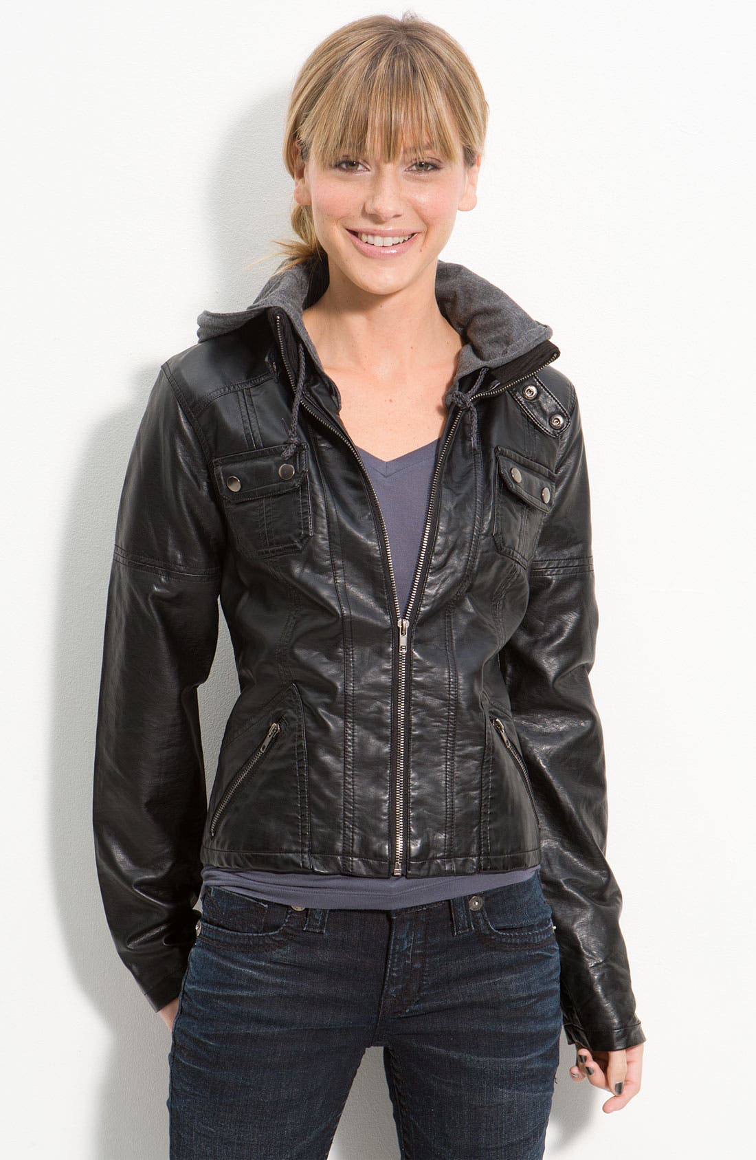 Thread & Supply Seamed Faux Leather Jacket With Hood (Juniors) | Nordstrom